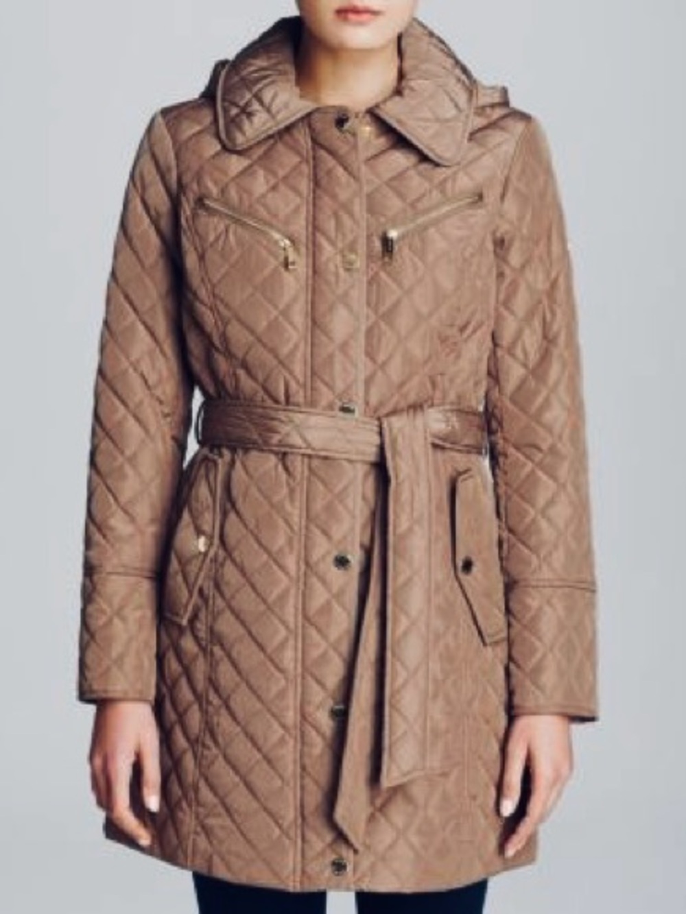 MICHAEL KORS Quilted Hooded Trench Coat Belted Jacket  in truffle Size M